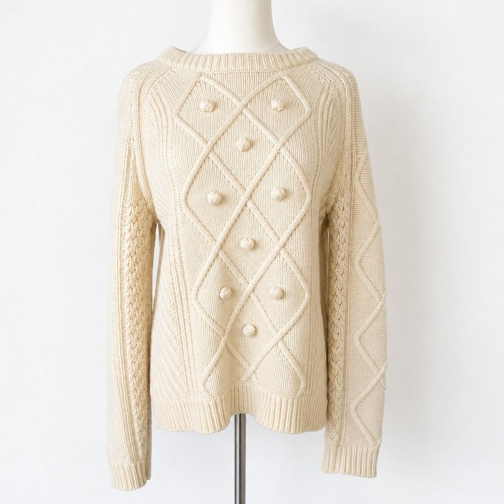 J.Crew 100% Wool Cable Knit‎ Sweater Womens Pom Pom Fisherman Coquette S Cream